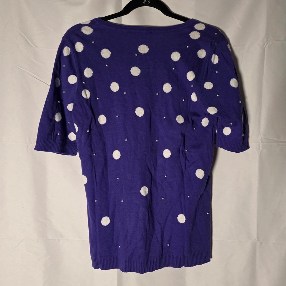 Quaker Factory Purple Polka Dot Cardigan Sweater Short Sleeve‎ Pearl Embellished - Picture 5 of 8